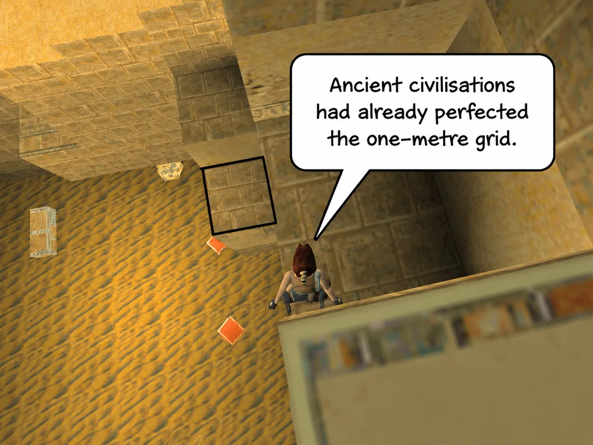 Lara Croft looking across a Tomb Raider tomb where a speech bubble jokes that ancient civilisations perfected the one-metre grid.
